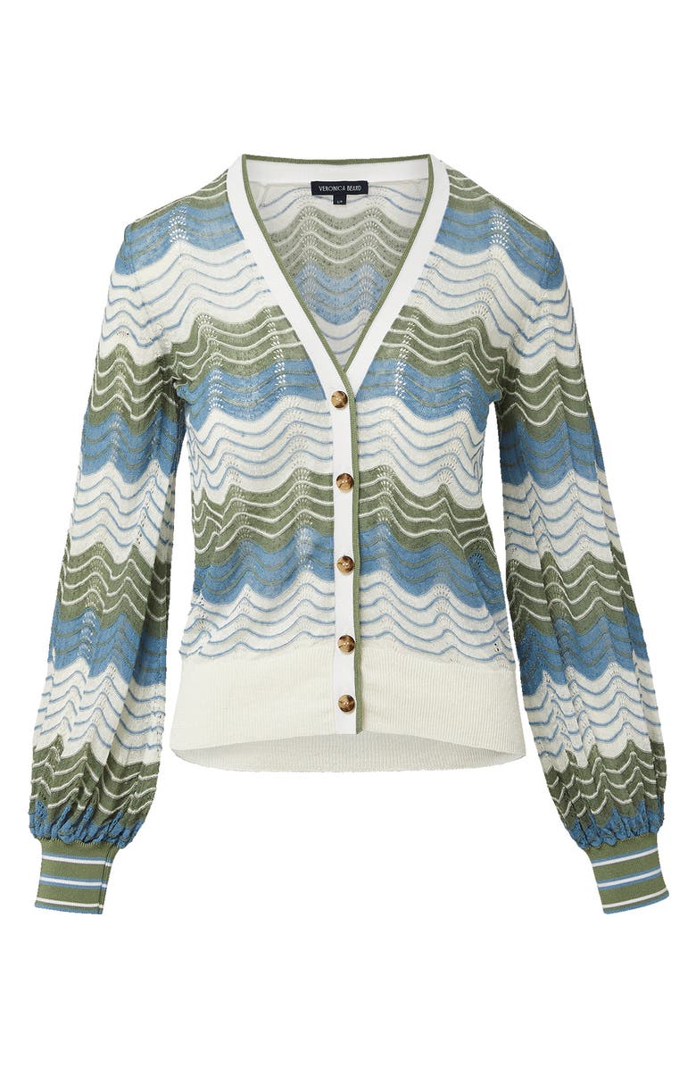 Veronica Beard Laurinor Stripe Pointelle Knit Button Front Cardigan, Alternate, color, Dove/ Sage/ Blue River