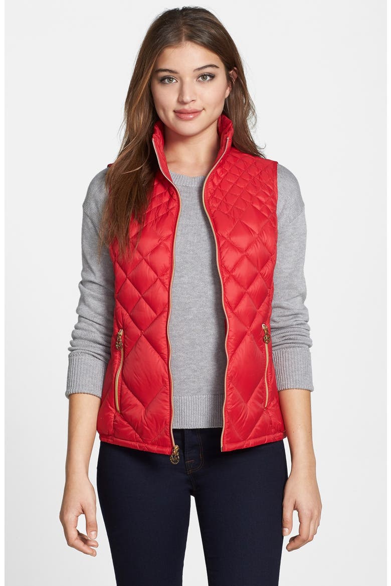 Packable Stand Collar Down Vest, Main, color, RED