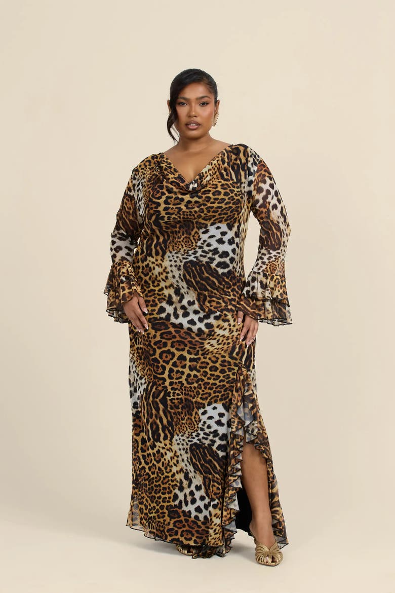Ruffle Leopard Print Maxi Dress, Main, color, Brown