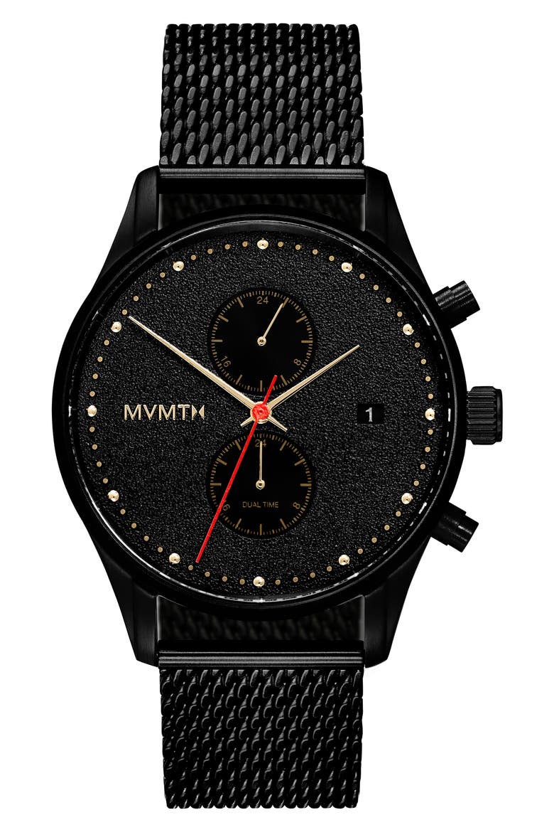 MVMT Voyager Caviar Chronograph Mesh Strap Watch, 42mm, Main, color, BLACK