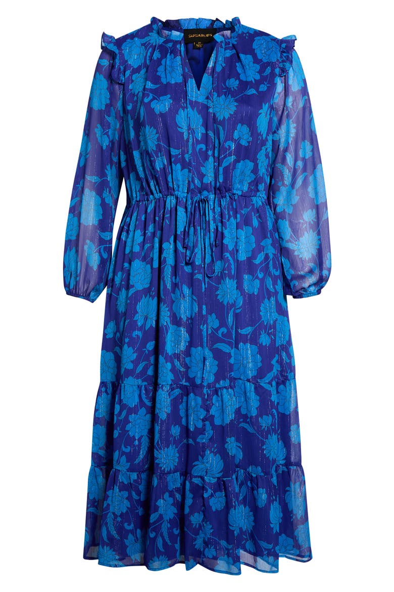 Kristen Balloon Sleeve Tiered Midi Dress, Alternate, color, NAVY-MULTI