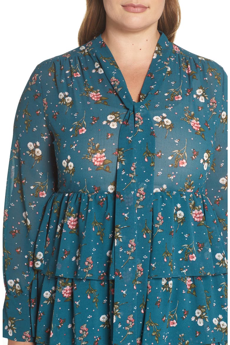 Tiered Floral Tie Neck Dress, Alternate, color, TEAL FLORAL