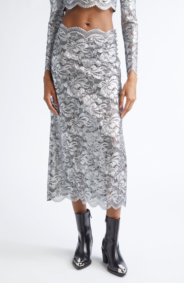 Rabanne Metallic Stretch Lace Skirt, Main, color, Black / Silver