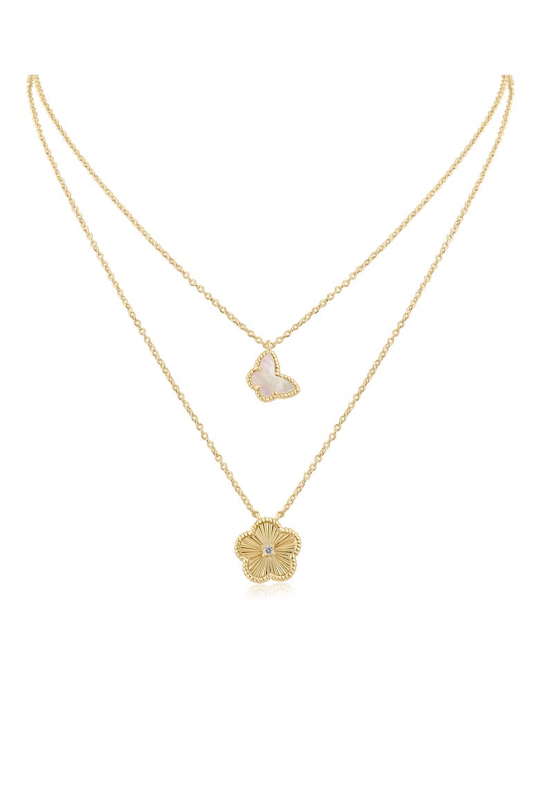 Cubic Zirconia & Mother-of-Pearl Butterfly Clover Pendant Layered Necklace, Main, color, WHITE/CLEAR GOLD