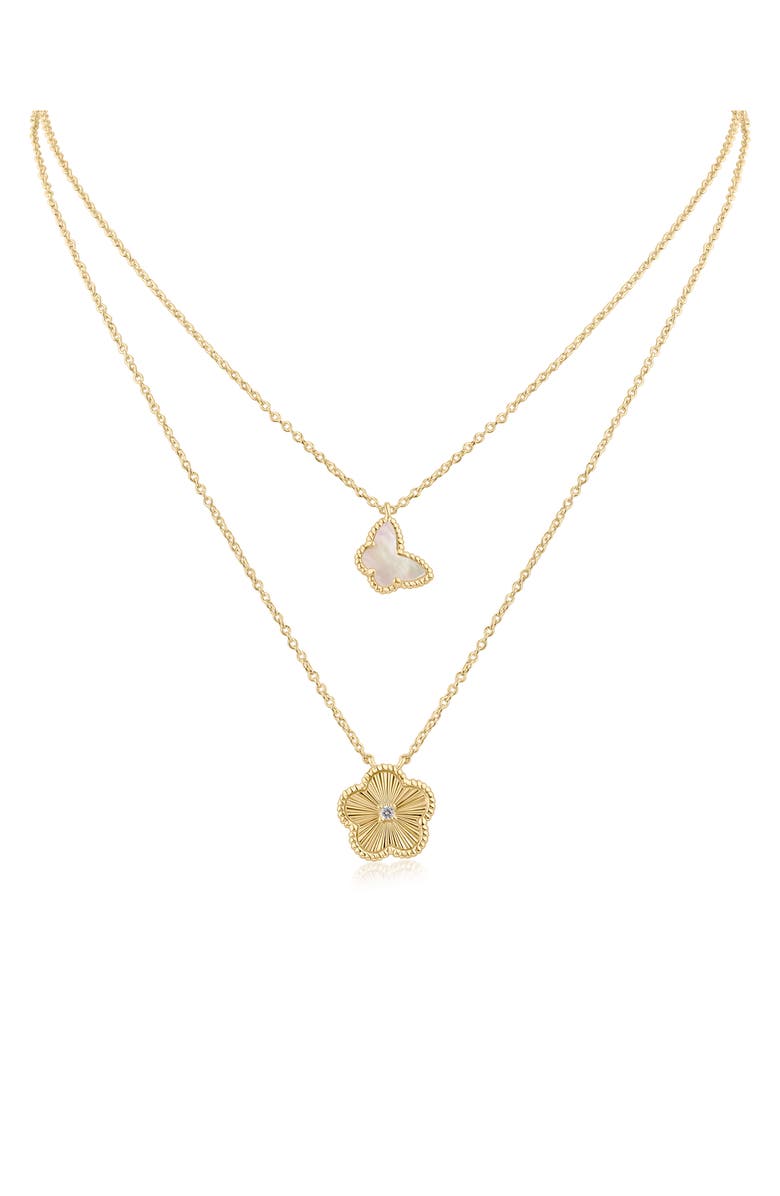 CZ by Kenneth Jay Lane Cubic Zirconia & Mother-of-Pearl Butterfly Clover Pendant Layered Necklace, Main, color, White/ Clear Gold