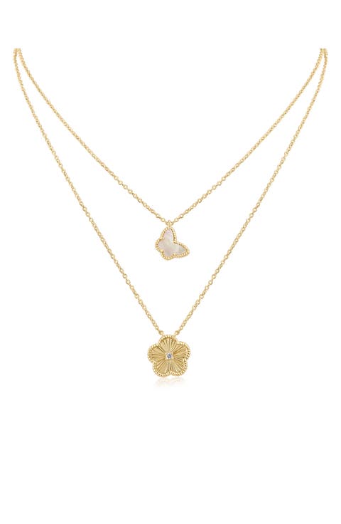 Cubic Zirconia & Mother-of-Pearl Butterfly Clover Pendant Layered Necklace
