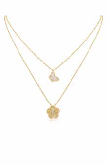 CZ by Kenneth Jay Lane Cubic Zirconia & Mother-of-Pearl Butterfly Clover Pendant Layered Necklace