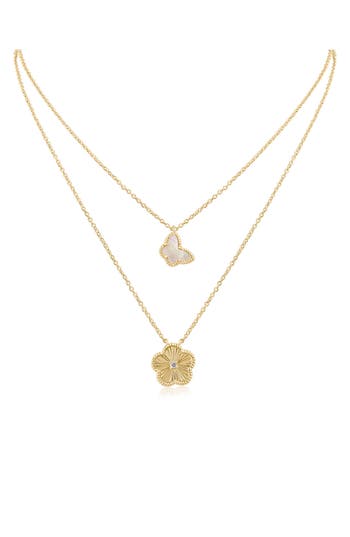 Cz By Kenneth Jay Lane Cubic Zirconia & Mother-of-pearl Butterfly Clover Pendant Layered Necklace
