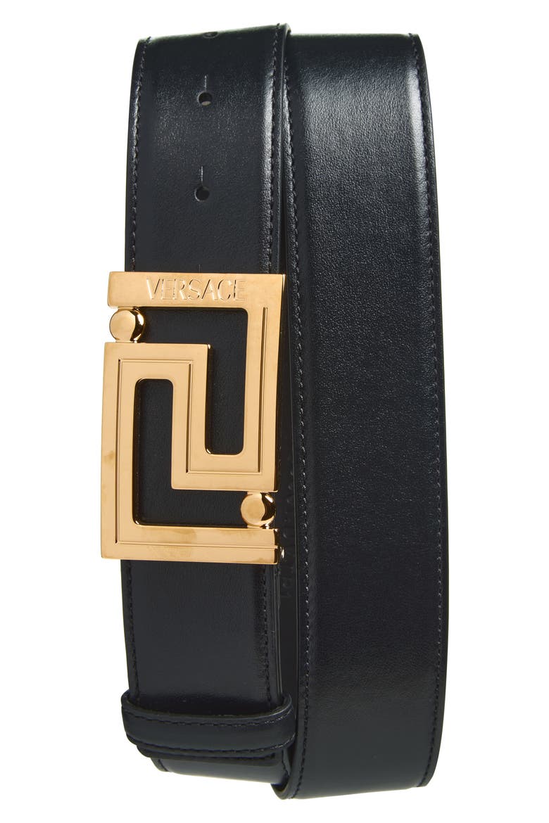 Greca Leather Belt, Main, color, BLACK GOLD