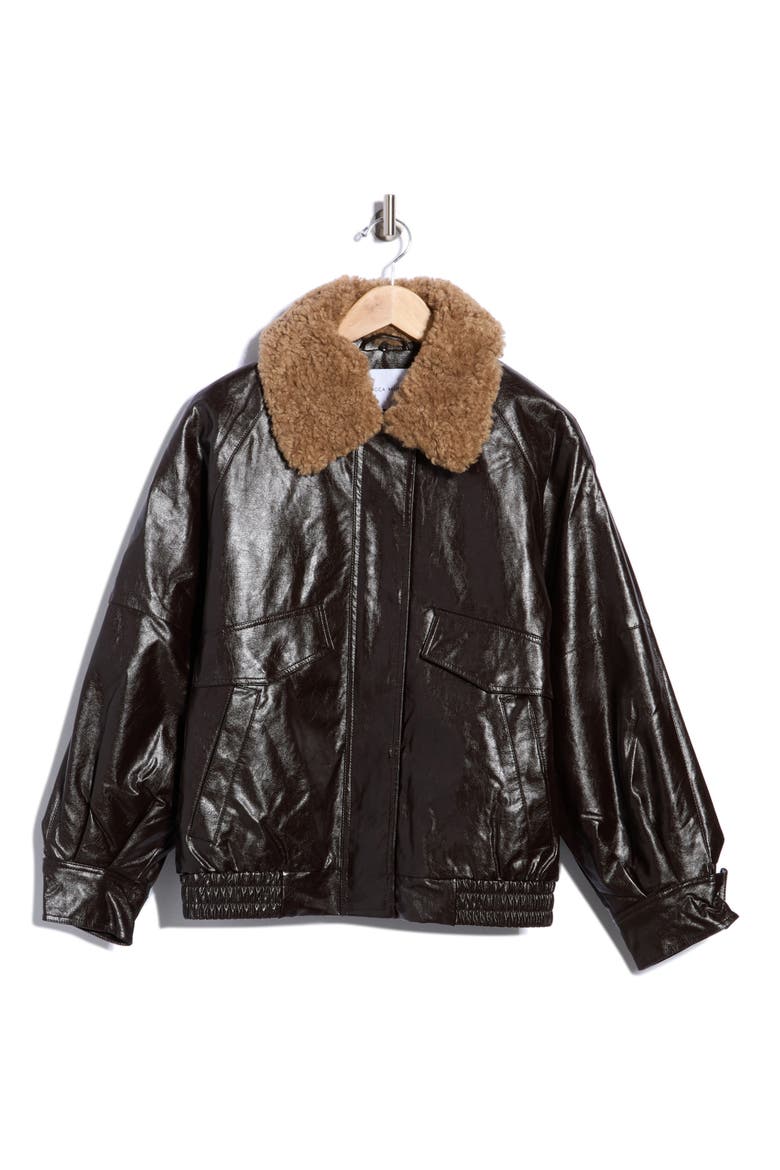 Faux Leather Bomber Jacket with Faux Shearling Collar, Main, color, BROWN