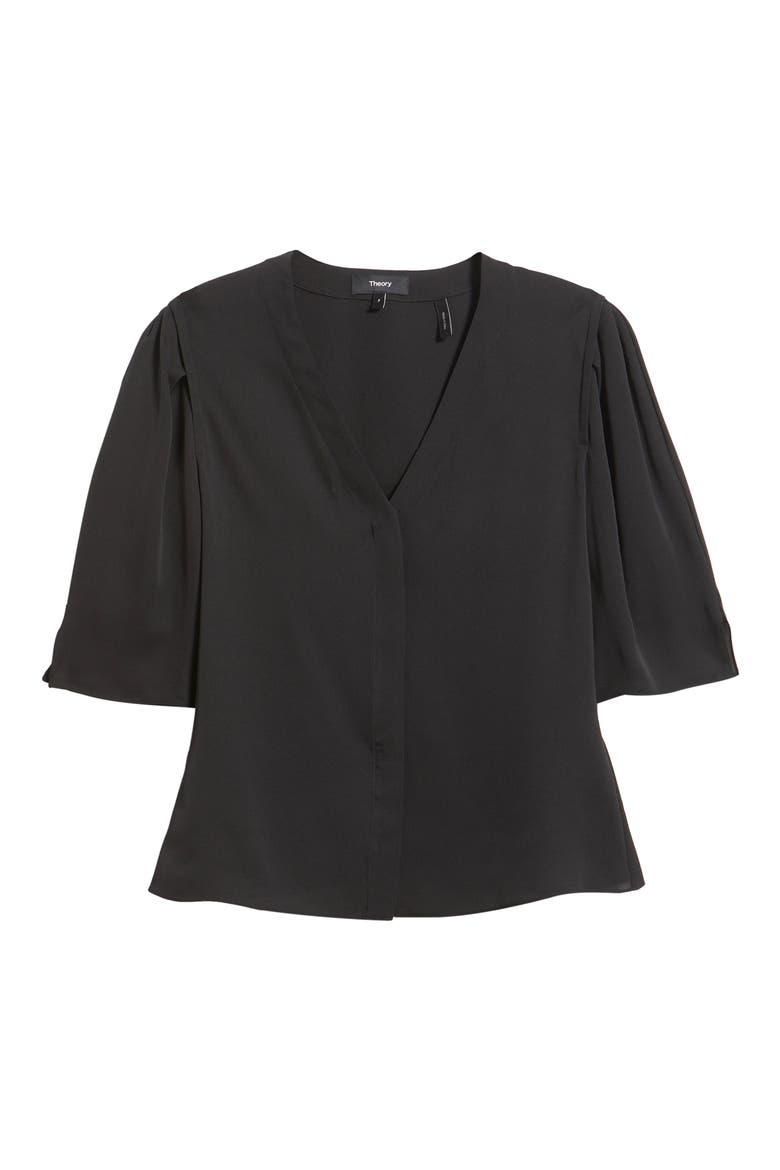 Round Sleeve Silk Button-Up Top, Alternate, color, BLACK