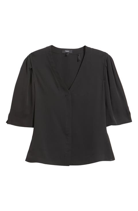Round Sleeve Silk Button-Up Top