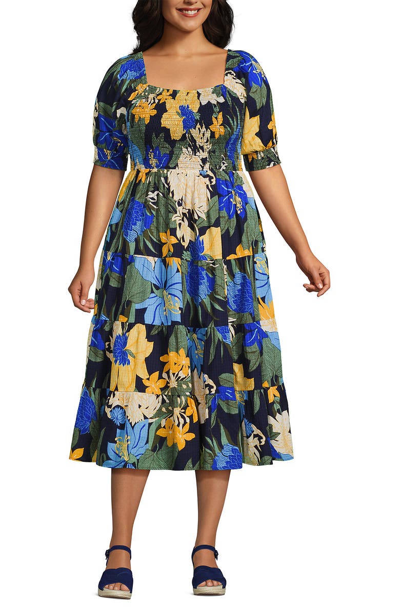 Lands' End Plus Size Smocked Cotton Dobby Midi Puff Sleeve Dress, Main, color, 