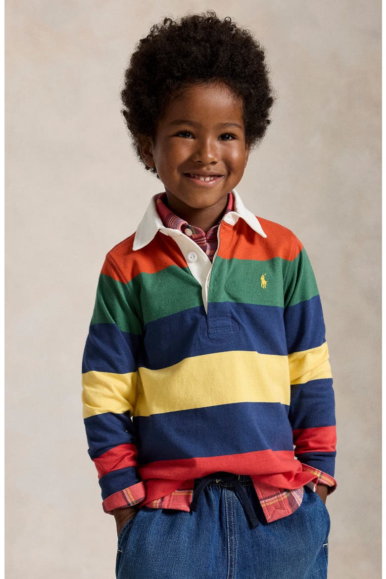 Kids' Striped Long Sleeve Rugby Shirt, Alternate, color, POST RED MULTI