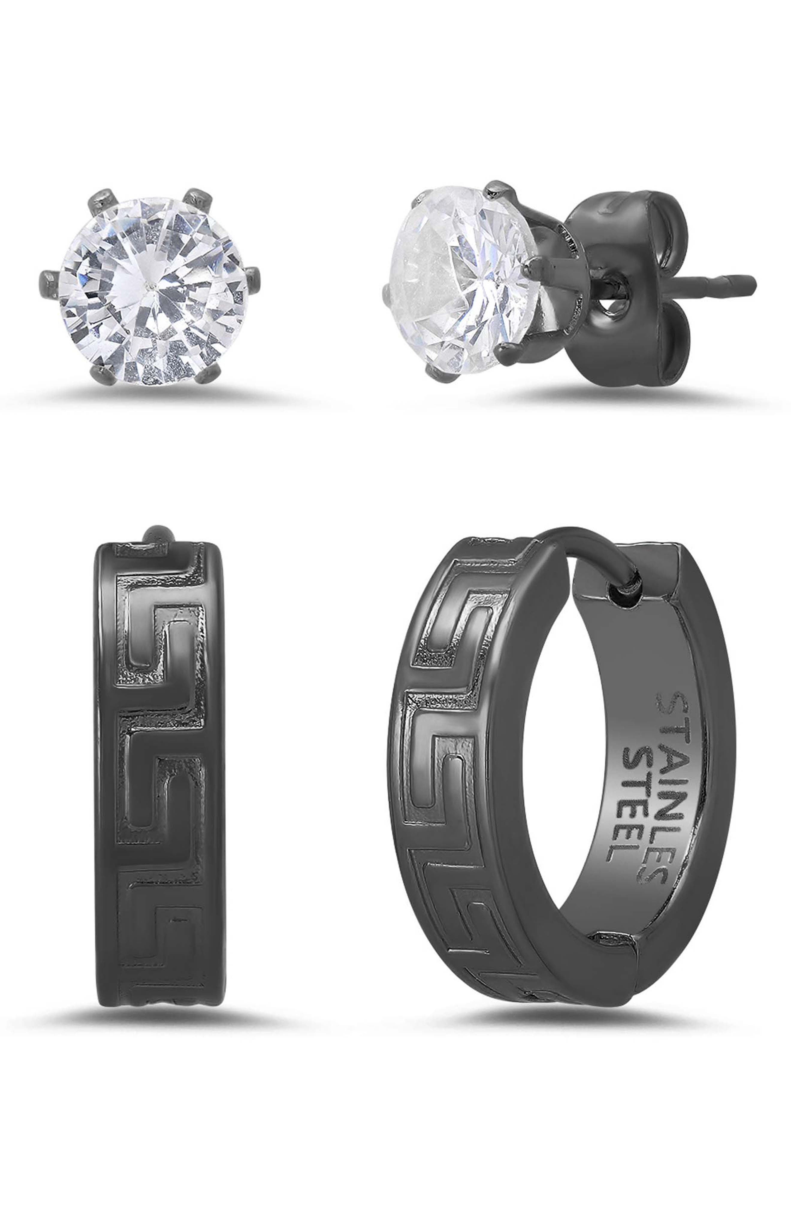 Men's Set of 2 Crystal Stud & Huggie Hoop Earrings
