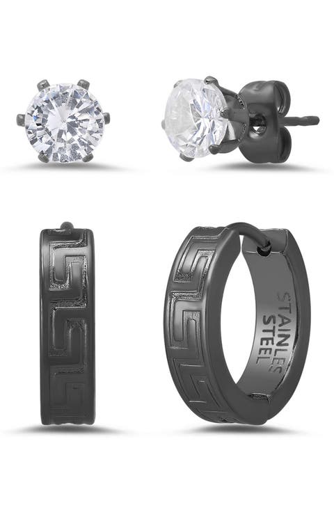 Men's Set of 2 Crystal Stud & Huggie Hoop Earrings