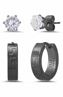 Men's Set of 2 Crystal Stud & Huggie Hoop Earrings