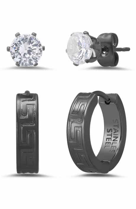 Men's Set of 2 Crystal Stud & Huggie Hoop Earrings