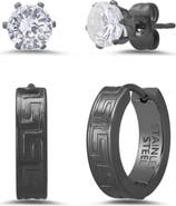 STEELTIME Men's Set of 2 Crystal Stud & Huggie Hoop Earrings