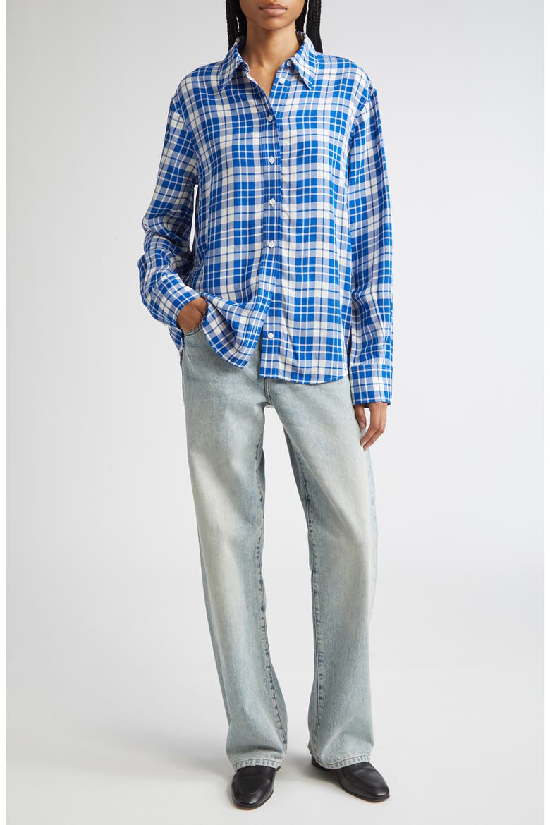 Bronwen Plaid Hammered Viscose Button-Up Shirt, Alternate, color, COBALT MULTI