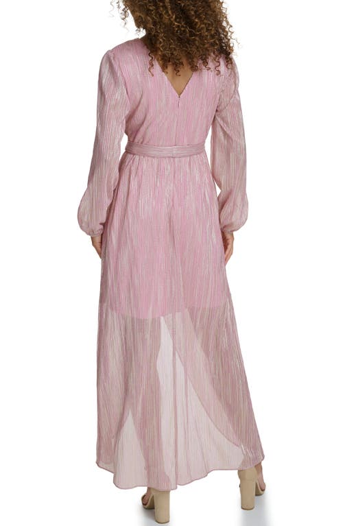 Siena Long Sleeve Foiled Woven Faux Wrap Dress In Pink/gold