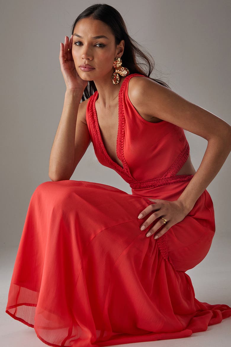 Chiffon Fringe Trim Cut Out Maxi Dress, Alternate, color, Red