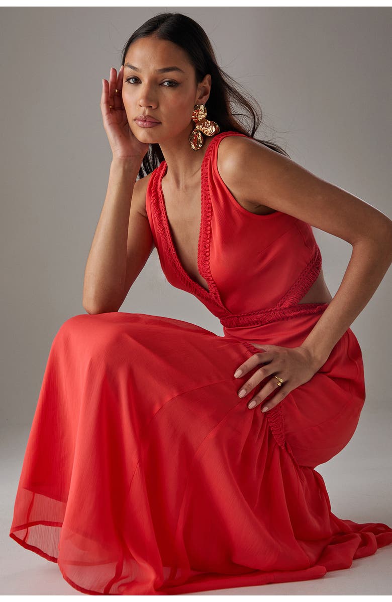Warehouse Chiffon Fringe Trim Cut Out Maxi Dress, Alternate, color, Red