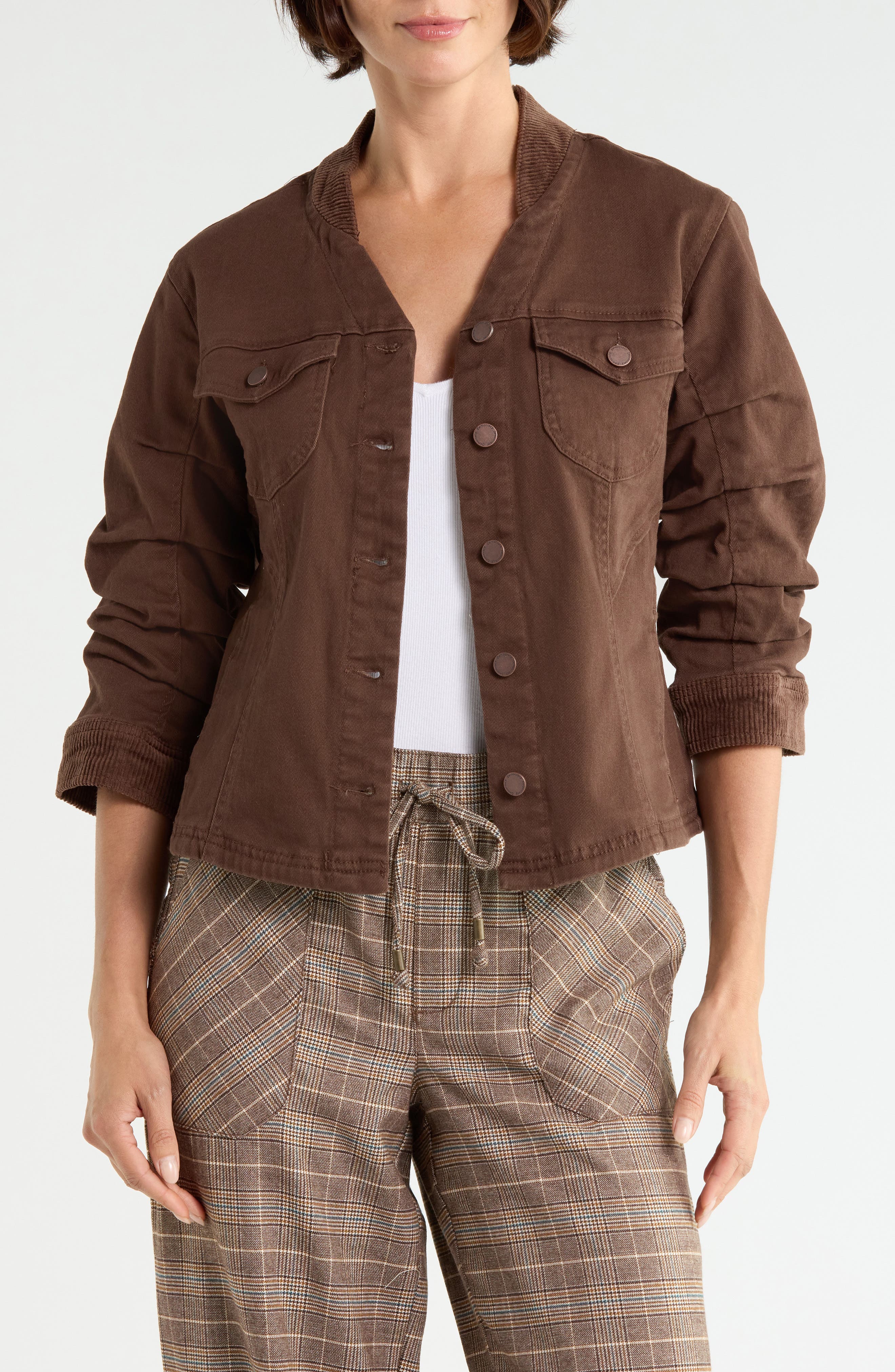 Ruched Sleeve Denim & Corduroy Jacket