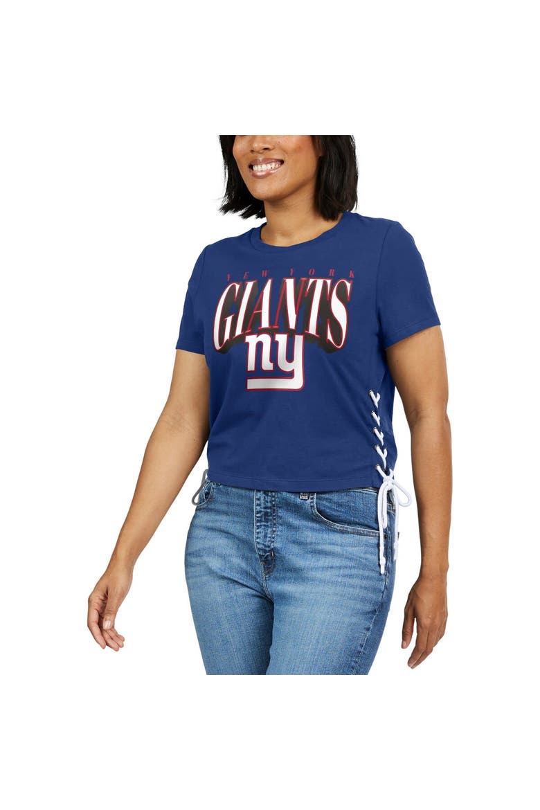 Women's WEAR by Erin Andrews Royal New York Giants Lace Up Side Modest Cropped T-Shirt, Alternate, color, Royal