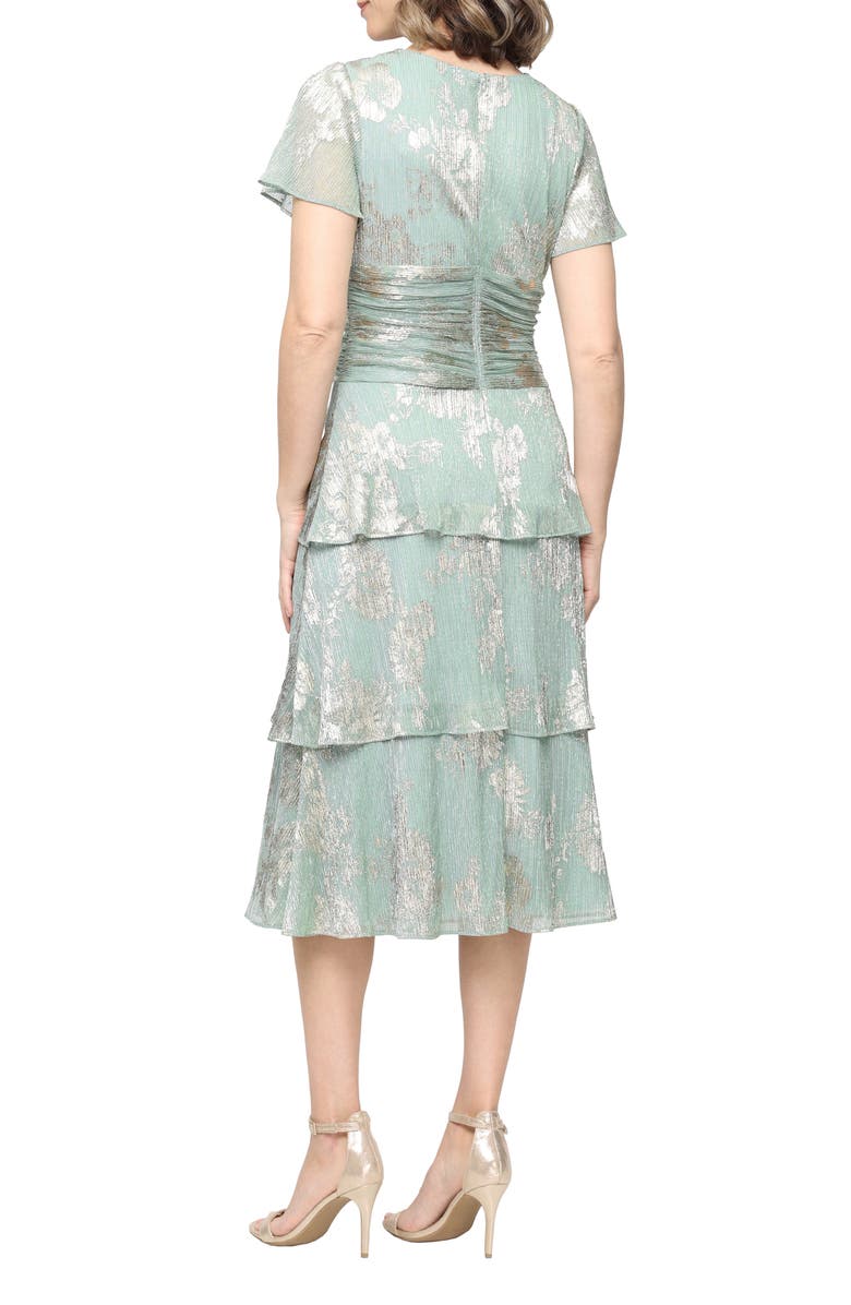 SL FASHIONS Foil Plissé Midi Dress, Alternate, color, Sage / Gold