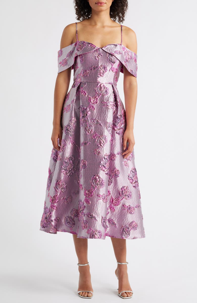 Julia Jordan Beaded Floral Jacquard Cold Shoulder Cocktail Dress, Main, color, Purple Multi