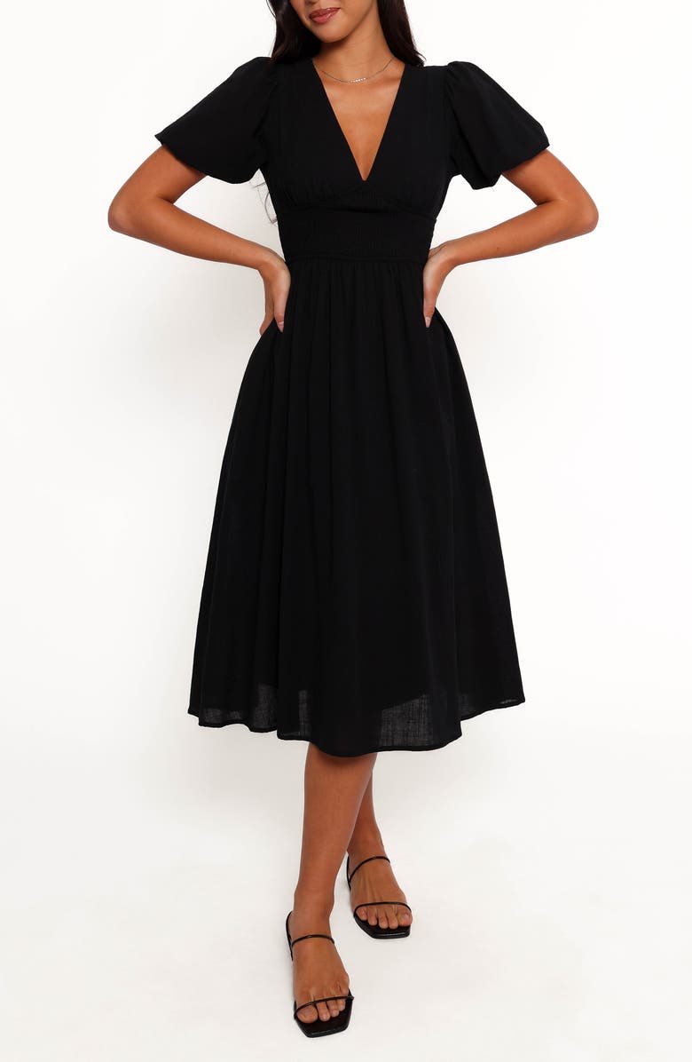 Petal & Pup Ronnie Puff Sleeve Midi Dress, Main, color, Black