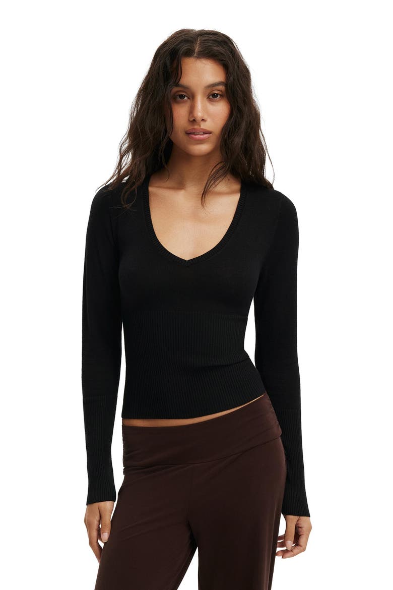Women's Close Knit V-Neck Top, Main, color, Black