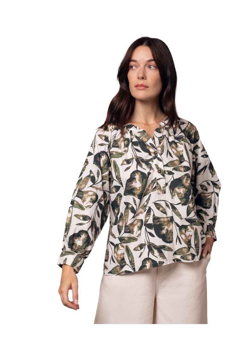 Relaxed Cotton Printed V-Neck Blouse, Main, color, Chalk / Khaki Leaf