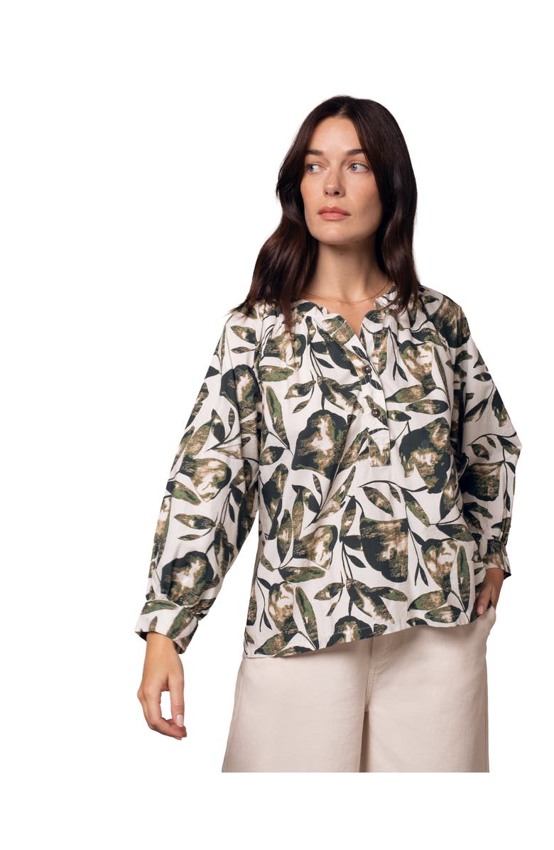 Celtic & Co. Relaxed Cotton Printed V-Neck Blouse, Main, color, Chalk / Khaki Leaf