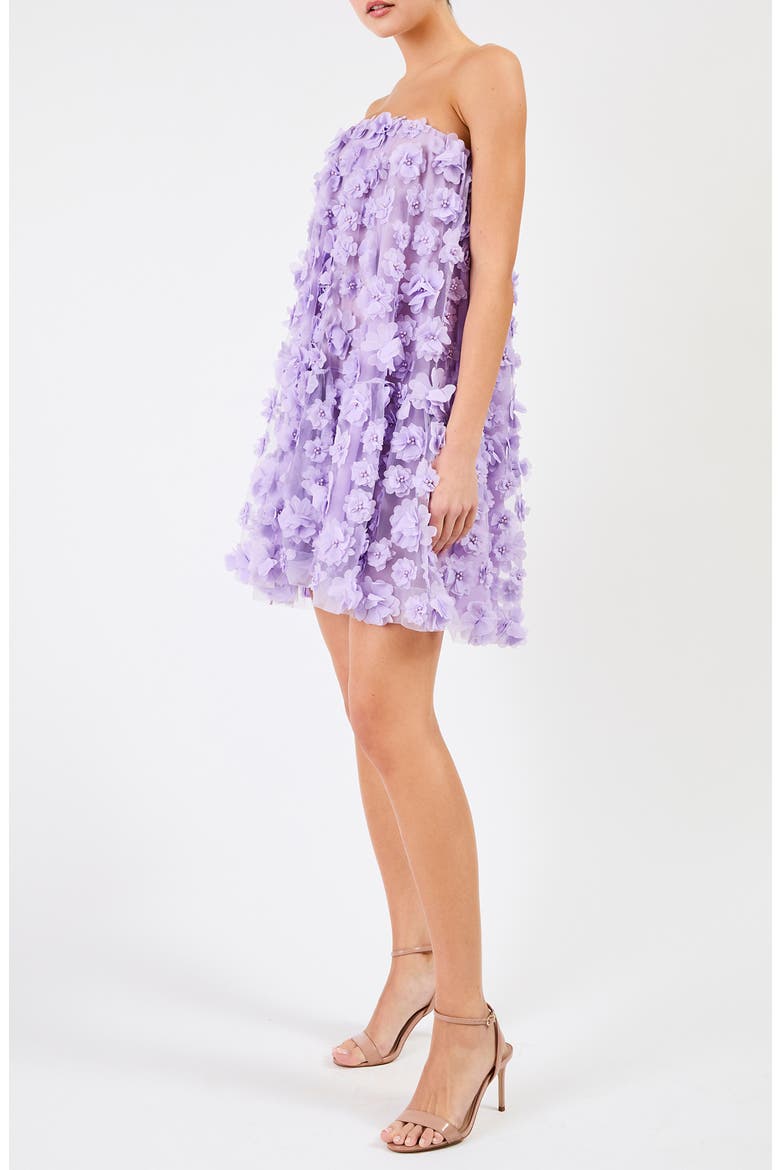 Bianca Floral Appliqué Strapless Babydoll Minidress, Alternate, color, LAVENDER