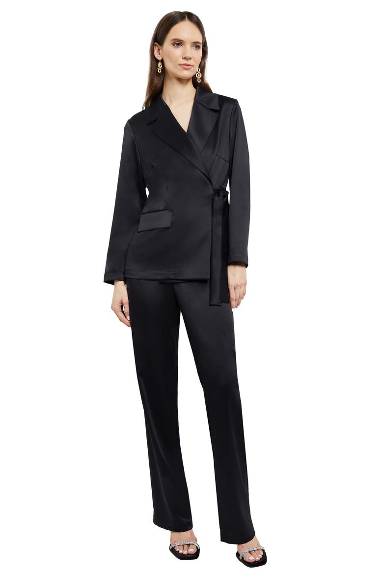 Side Tie Satin Blazer, Alternate, color, BLACK