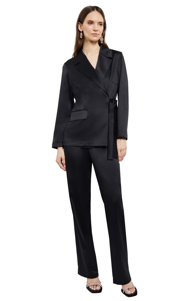Misook Side Tie Satin Blazer, Alternate, color, Black