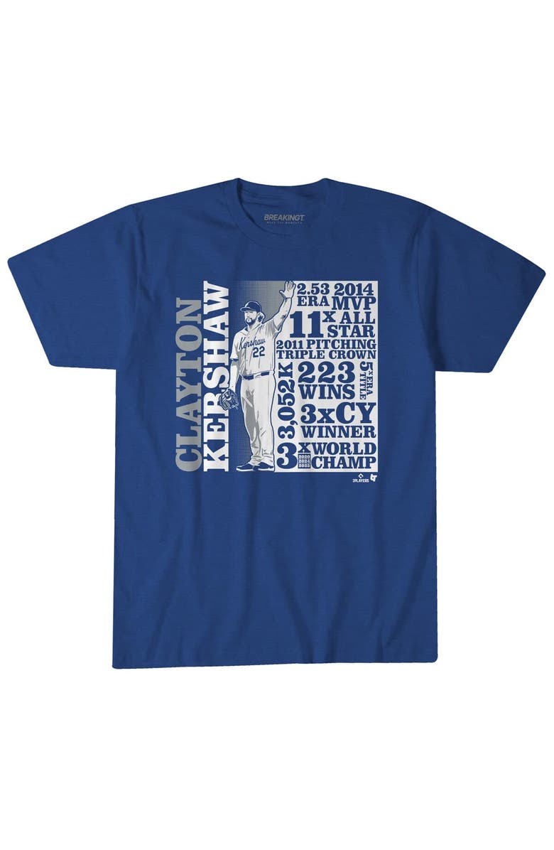 BREAKINGT Unisex BreakingT Clayton Kershaw Royal Los Angeles Dodgers GOAT List T-Shirt, Main, color, Royal