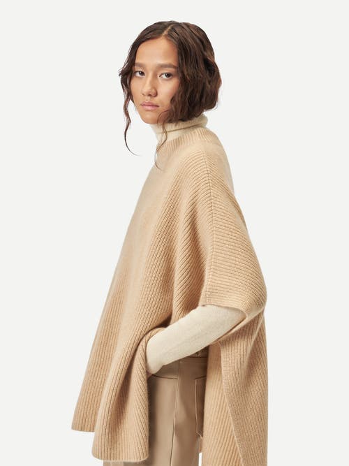 Gobi Mongolian Cashmere Organic Colour Rib-knit Cashmere Poncho In Sand