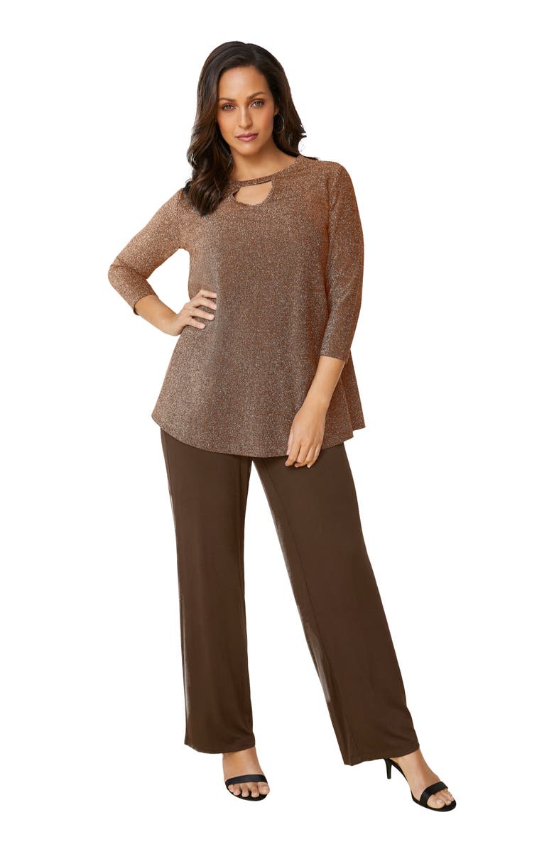Jessica London Keyhole Shimmer Tunic, Main, color, Brown Shimmer