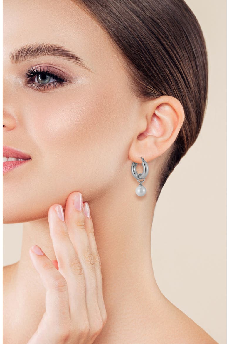 Faux Pearl Drop Huggie Hoop Earrings, Alternate, color, SILVER