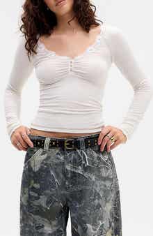 Diana Lace Trim Crop Rib Knit Henley