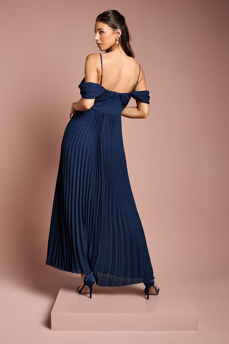 Bardot Pleated Maxi Bridesmaid Dress, Alternate, color, Navy