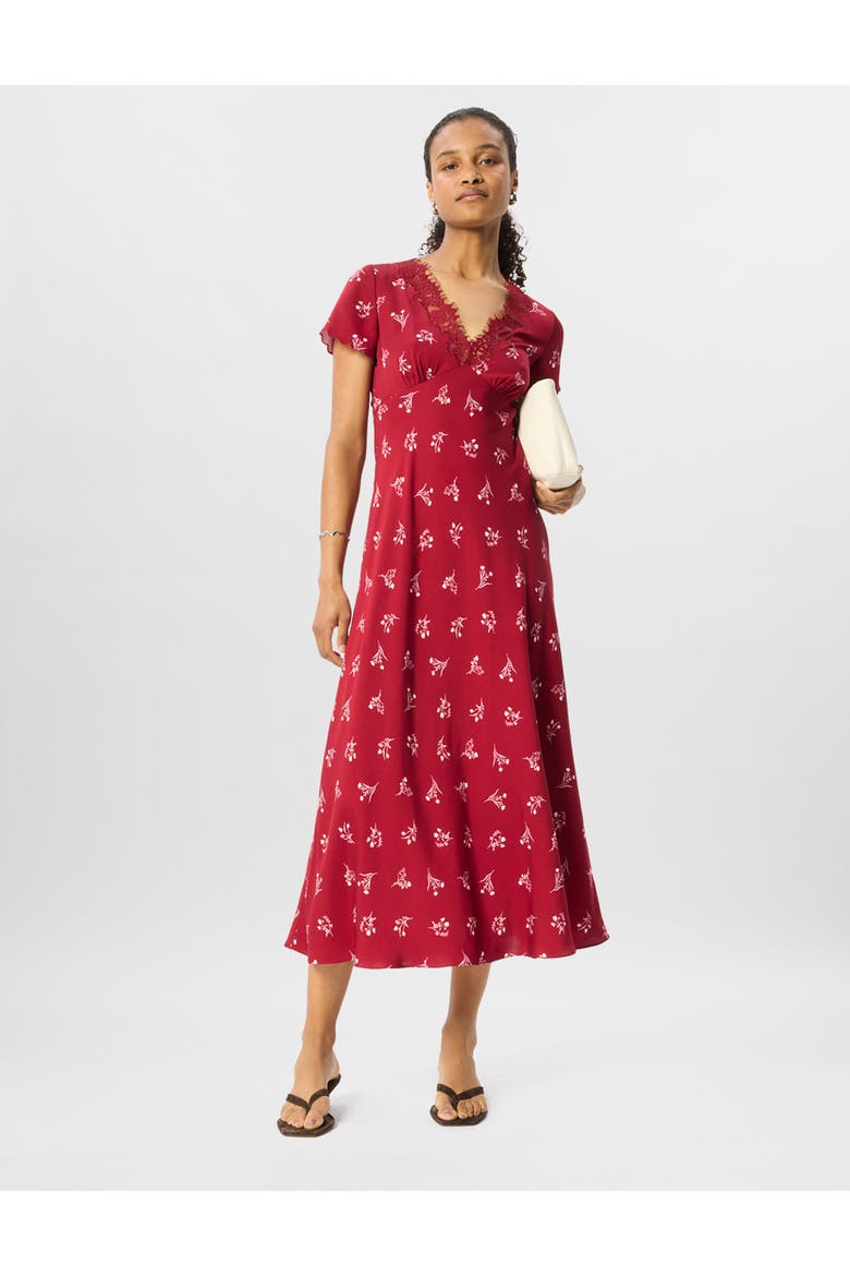 Floral V-Neck Midi Dress, Alternate, color, Burgundy/Multi