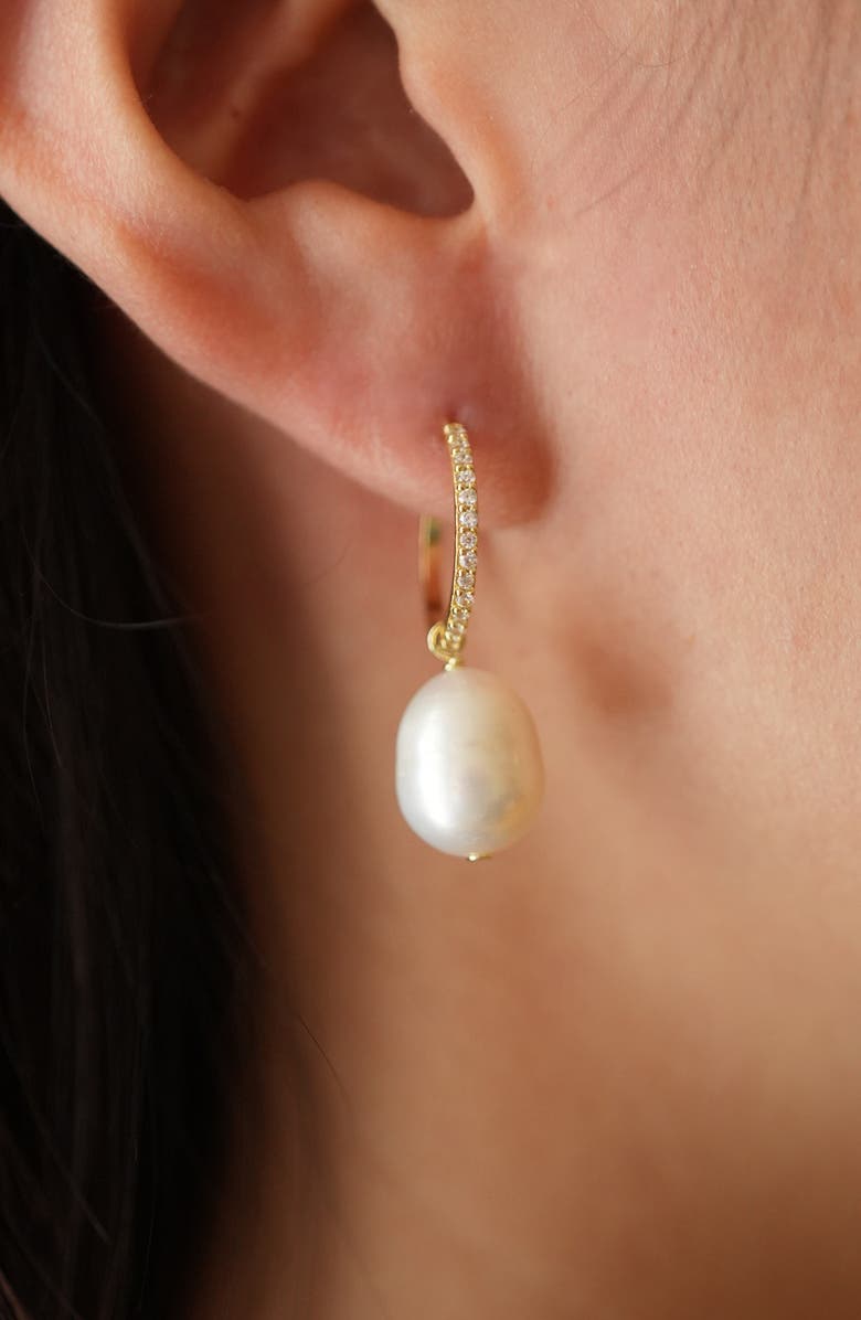 Argento Vivo Sterling Silver Cubic Zirconia & Cultured Pearl Drop Huggie Hoop Earrings, Alternate, color, Gold