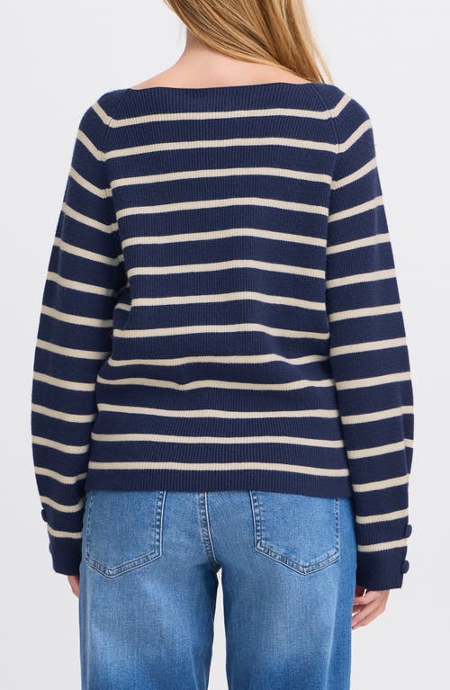 Ichi Striped Boat Neck Sweater In Birch With Black Stripe