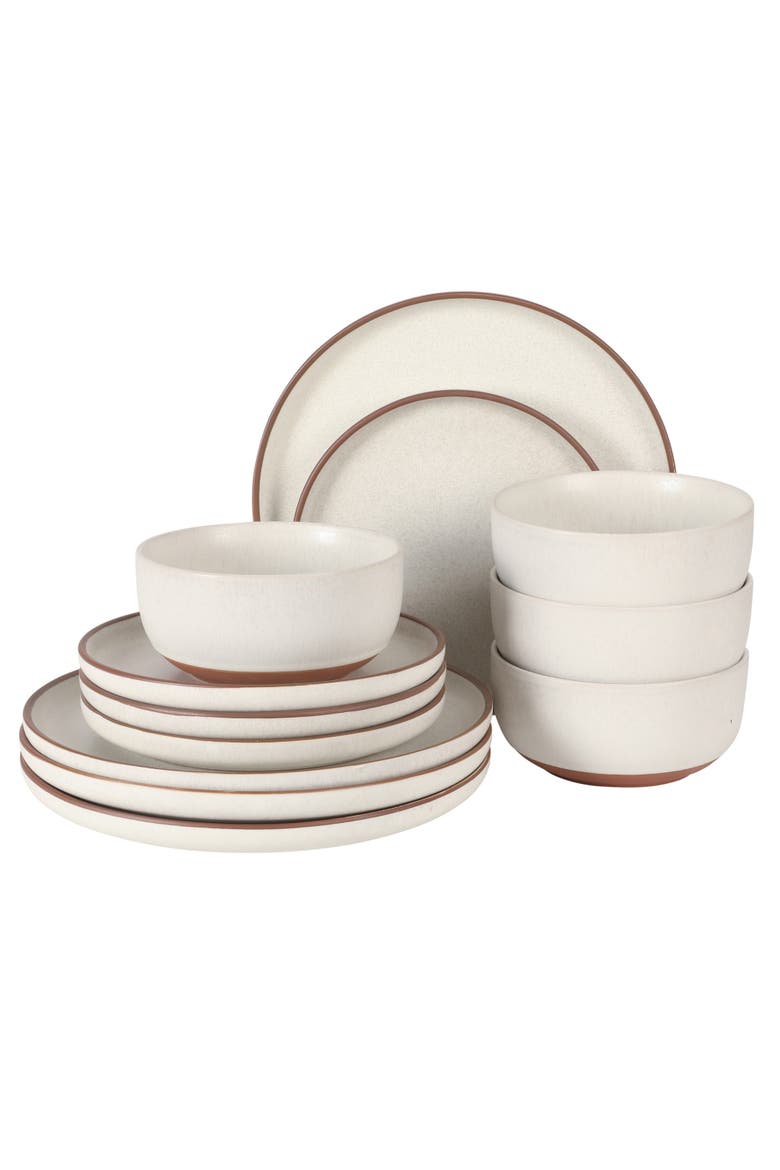 Abbey Circle 12-Piece Reactive Matte Glaze Stoneware Dinnerware Set, Main, color, White