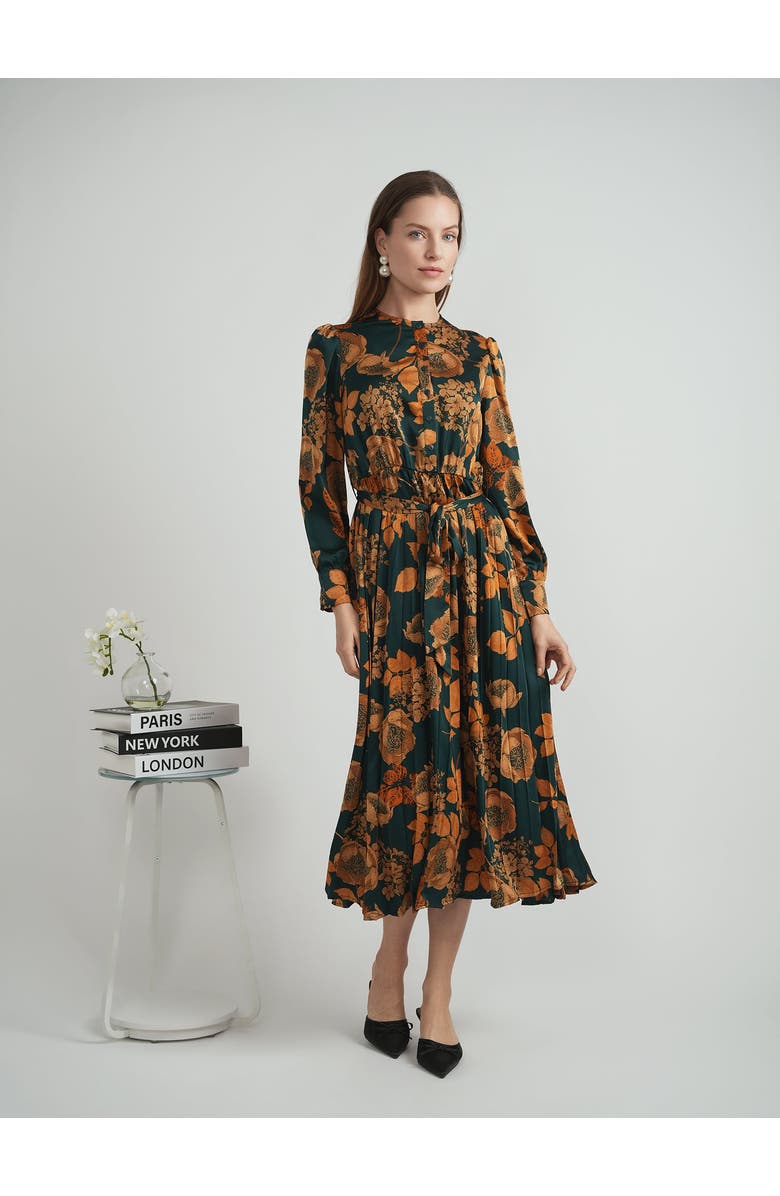 MiuMax Floral Satin Long Sleeve Waist Tie Pleated Dress, Alternate, color, Black Floral
