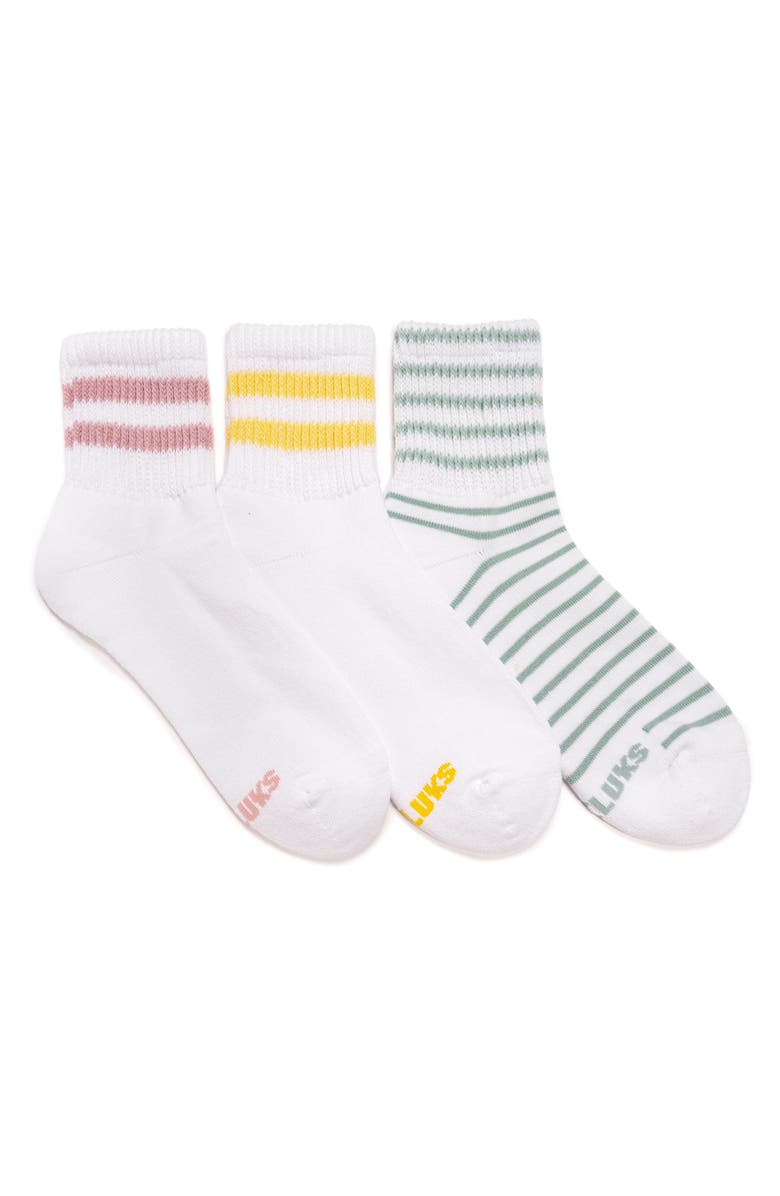 MUK LUKS Women's Cotton Quarter Crew Socks with Wide Rib Cuff, 3 Pair Pack, Main, color, Multi Stripes
